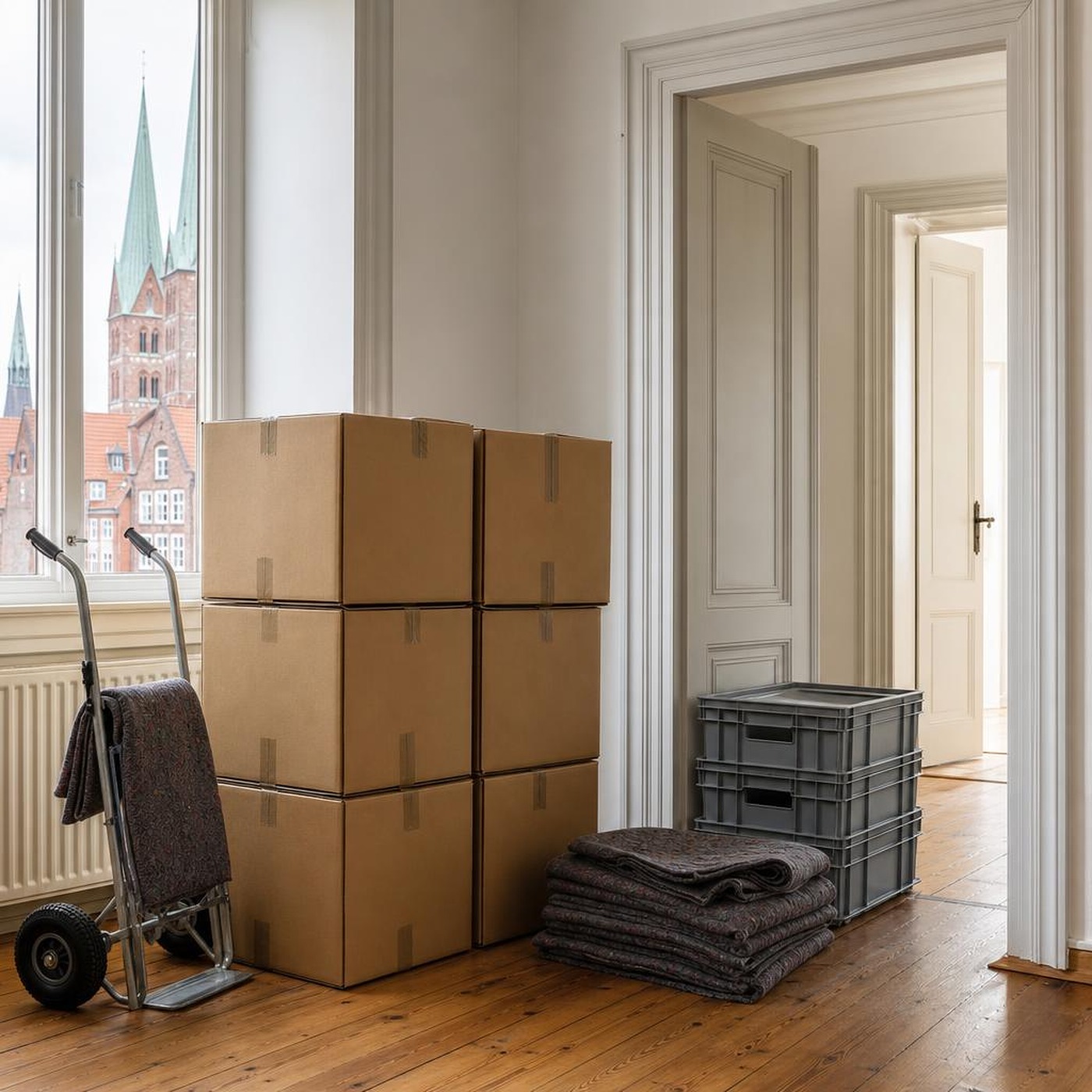 Geordnet bereitgestellte Umzugskartons, Transportkisten und Sackkarre in einer Lübecker Altbauwohnung