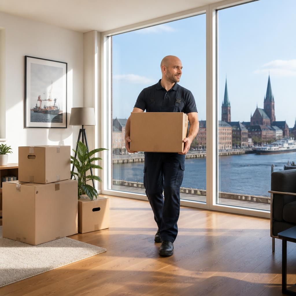 Ein Mitarbeiter mit Umzugskarton in einer Wohnung mit Rostockblick